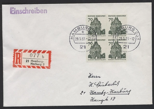 FDC 70 Pf Viererblock Kleine Bauwerke Bund, MiNr 460 echt gelaufen selten !