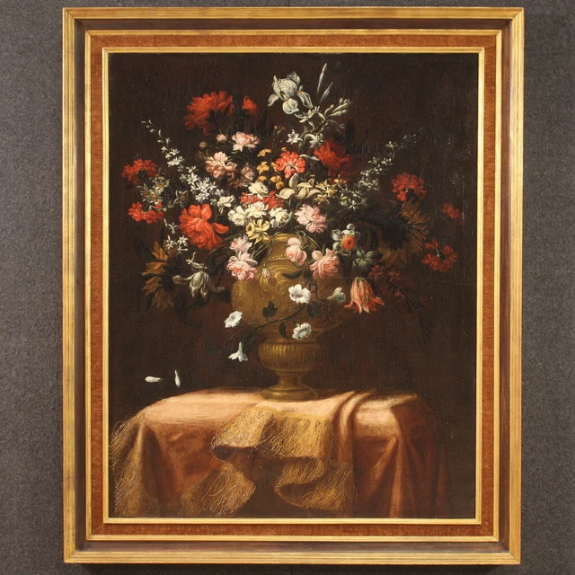 Bodegon antiguo jarron flores pintura oleo sobre lienzo cuadro siglo XVIII 700