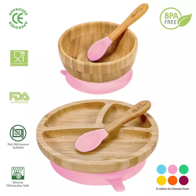 Vinsani Bamboo Bowl, Round Plate and Spoon Set Suction Plate Stay-Put