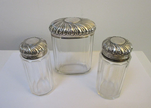 Set of 3 Antique Glass Silver Vanity Jars Mappin & Webb 1903