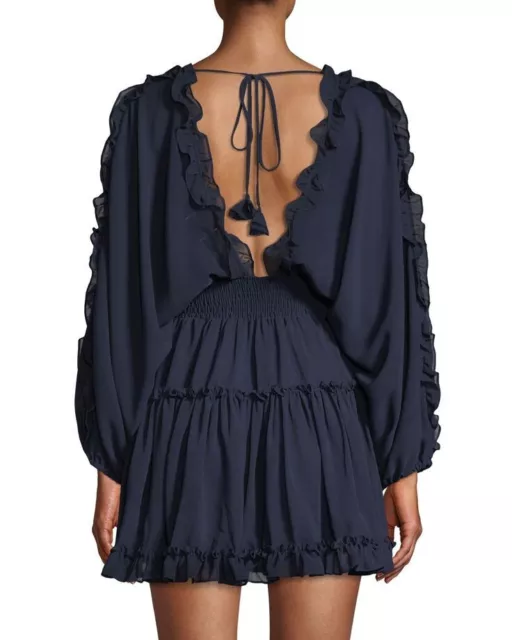 MISA LOS ANGELES Sz M Navy Chiffon Ruffle Smocked Deep V Tie Back LUISA Dress