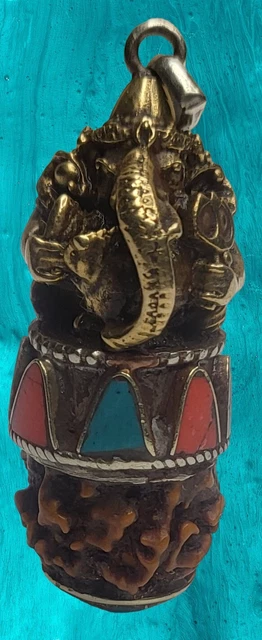 Rare Old Tibetan Bronze, Turquoise ,Coral Inlay Walnut Ganesha God Budda Pendant