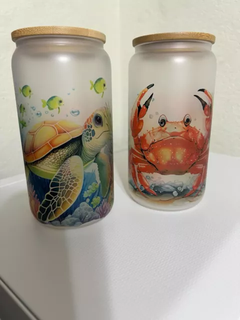 Two 16 Frosted Glass Cups With Turtle On One And Crab On The Other.
