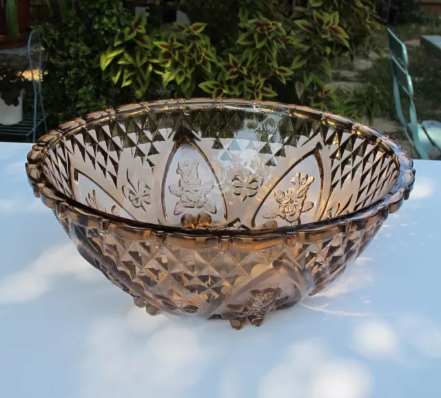 Amber Glass Footed Serving Bowl Diamond Fleur De Lis Rose Pattern Vintage