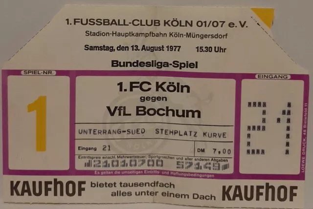 Ticket Eintrittskarte Bundesliga 1.FC Köln - VfL Bochum 1977 78 rar selten