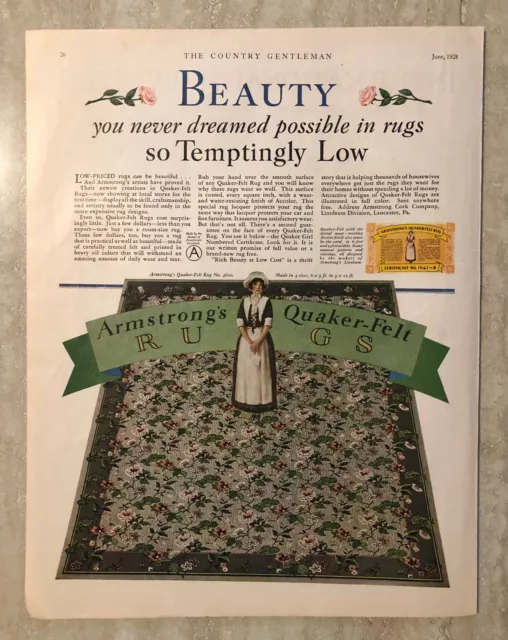 1928 Armstong's Quaker-Felt Rugs Carpet Vtg Print Ad