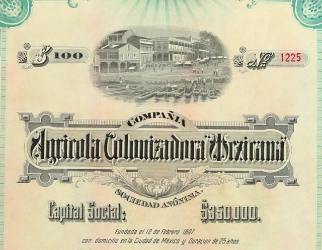 MEXICO C/2 🇲🇽  CIA AGRICOLA COLONIZADORA MEXICANA acción $100 pesos Plata 1897