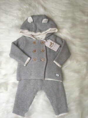 Boy baby  KNITTED Hooded coat Trousers Grey Cream 0-3 m 3-6m  6-12months