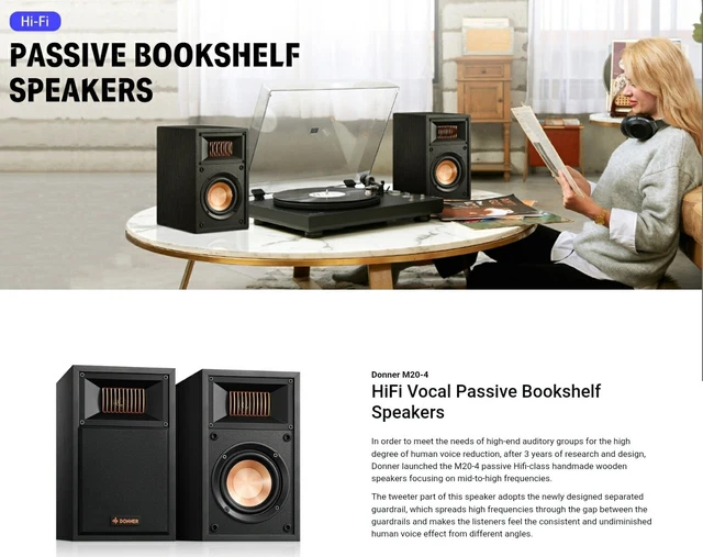 DONNER PASSIVE BOOKSHELF Speakers Pair, 2Way Stereo Speakers for Home
