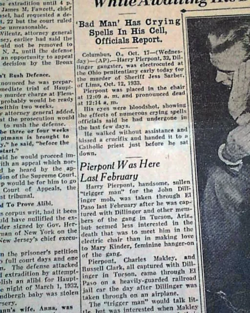 Harry Pierpont John Dillinger mentor prohibition gangster execution 1934 news 2