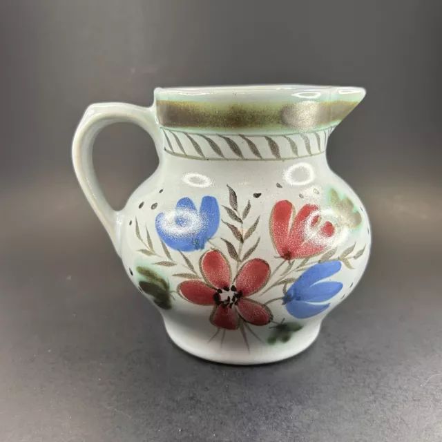 Vtg Buchan Pottery Jug Red Blue Flowers with Green Border Thistle Stoneware