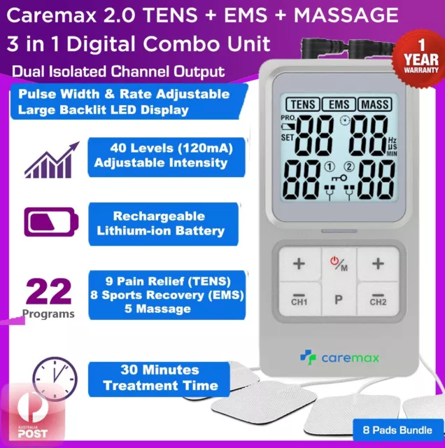 Dual Channel TENS Machine EMS 3 in 1 Combo Pain Relief Massager+4 Free Pads CMX2