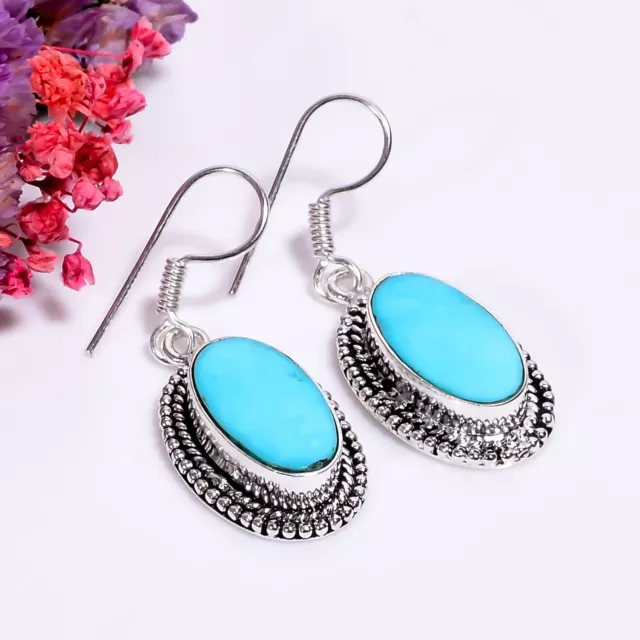 Turquoise Gemstone Vintage Handmade Jewelry.925 Silver Earrings 1.6" GSR-8599