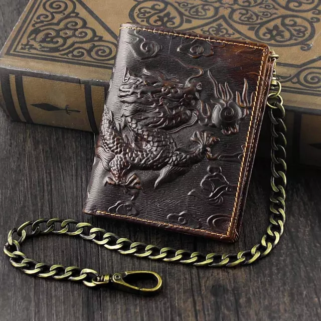 Vintage Dragon Mens Leather Wallet Slim Card Money Purse With/ Safe Chain