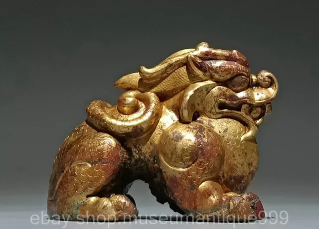 4.2" Old Chinese Bronze 24K Gold Gilt Dynasty Animal Dragon Beast Statue