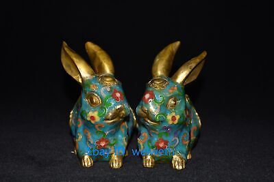 Collection A Pair Chinese Old Tibet Cloisonne Bronze Hand Carved Rabbit Statues