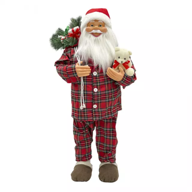 Père Noël 90H cm avec pyjama rouge écossais 144252 avec mini lumières et sons