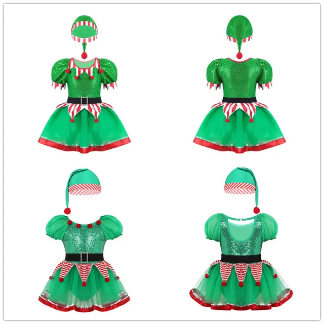Abito da ginnastica elfo di Natale bambina set costume cosplay paillettes rete tutù abito con cappello