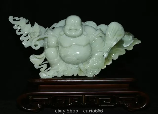 15.3'' Natural Xiu Green Jade Happy Laugh Maitreya Bat Animal Buddha Statue