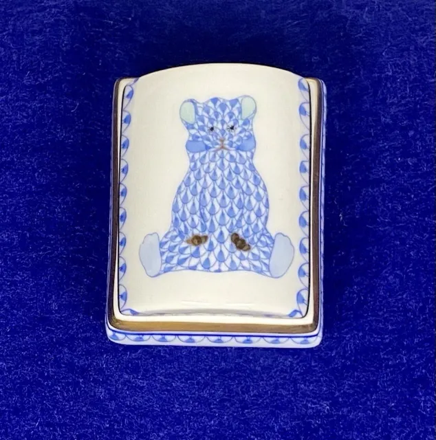 Herend Hungary Tooth Fairy Bear Royal Blue Fishnet Porcelain Covered Box