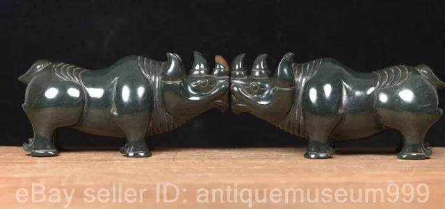 6.4" Chinese Natural Hetian Jade Nephrite Carving Rhinoceros Beast Statue Pair