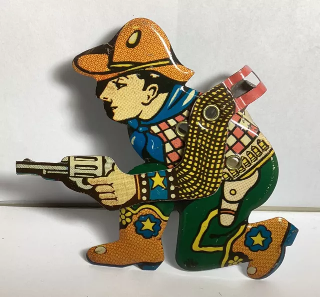 TIN LITHO Toy Western Shooting Cowboy Mechanical Clicker VTG WORKS US METAL TOY