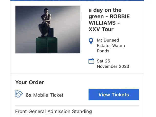 4 X Robbie Williams tickets Mt Dunned a day on the green Saturday Nov 25th 2023