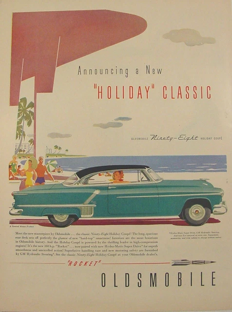 1952 Oldsmobile NINETY-EIGHT Holiday Coupe BEACH Scene ROCKET Print Ad