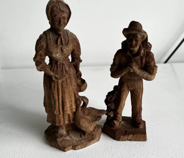 Vintage Figurines From France / Germany Hand Carved Wood Carving Woman & Man