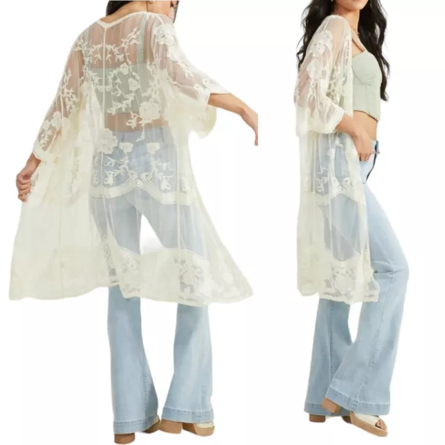 Adiva Boho Embroidered Lace Kimono SMALL Open Front Bell Sleeves 45" Long