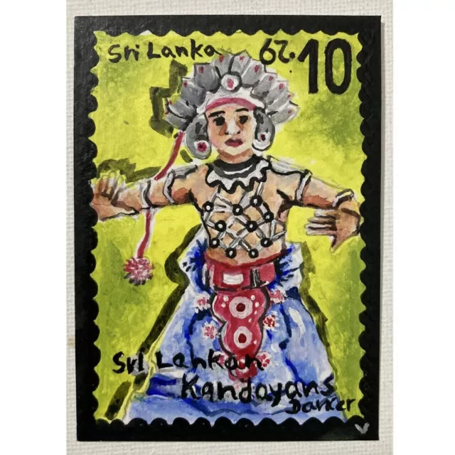 ACEO ORIGINAL PAINTING Mini Art Card Sri Lankan Stamp Traditional Dancer Ooak