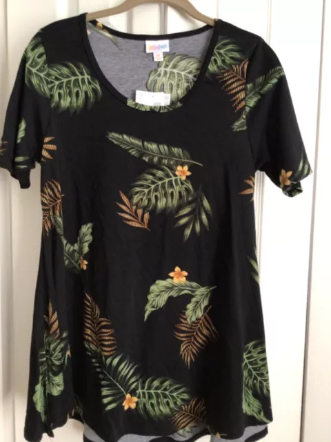 LULAROE PERFECT T XS black with tropical green and brown leaves