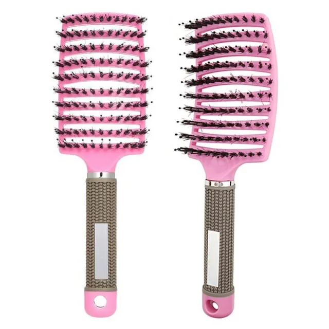 Natural Boar Bristle Detangling Nylon Brush Large Curved Curly Hair Styler Pink