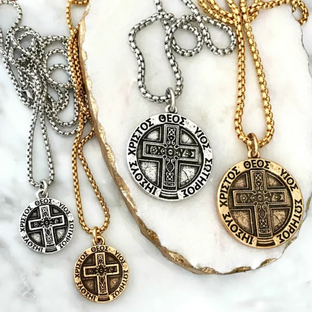 Silver-Gold Christian Greek IXOYE Cross Coin pendant 20-24" Religious Necklace 3