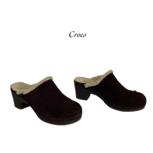 CROCS SARAH LUXE Womens Brown Faux Fur Lined Slip On Leather Mule 