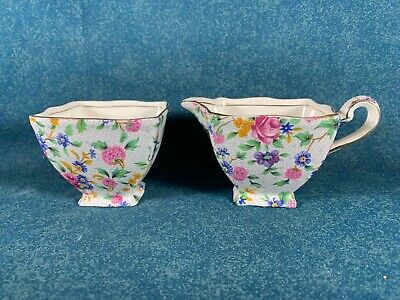 Royal Winton Old Cottage Chintz Floral Ascot Shape Creamer and Open Sugar Set