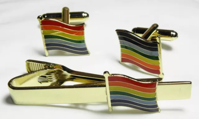 Rainbow Flag LGBT Cuff Links & Tie Bar Clip Pride Lesbian Gay Cufflinks Set