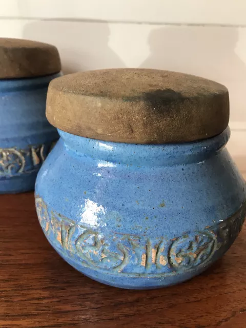 Three Vintage John Kemety Australian Pottery Graduated Canisters Wooden Lids 3