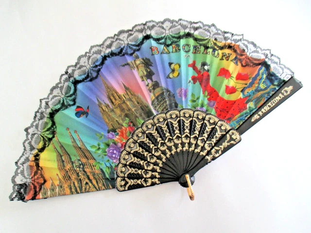 Barcelona Fabric Folding Hand Fan Black Lace Cathedral Flamenco Sagrada Columbus