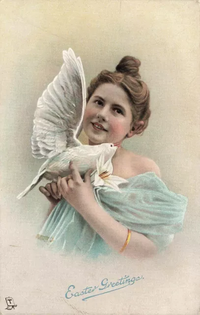 1900's Easter Postcard Tuck's Young Lady with Easter Lily and White Dove E020