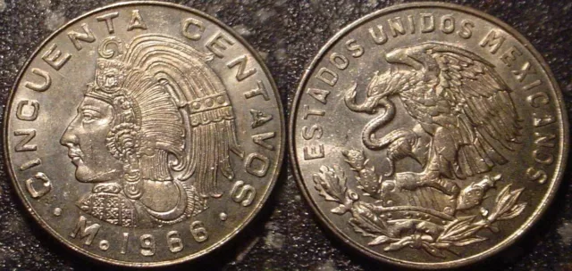 Key Date Hi Grade Unc 1966 50 Centavos Mexico**Aztec Warrior**