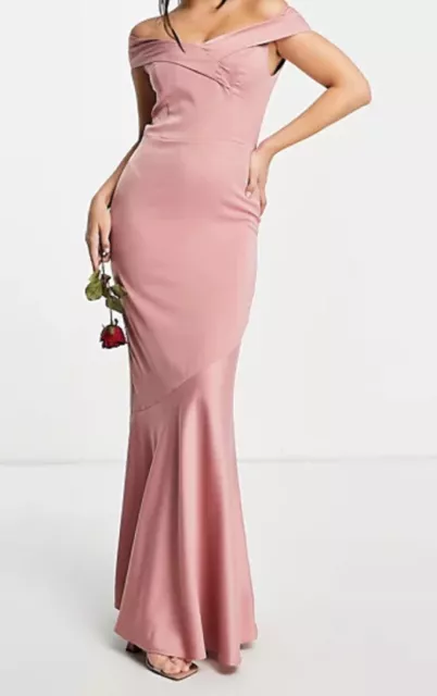 New Oasis Size 12 Pale Pink Satin Bardot Off Shoulder Maxi Dress Prom