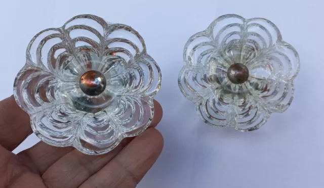 2x Vintage Drawer Pull Handle Crystal Glass Cabinet Door Knob NOS 2 3/4'' Diam.