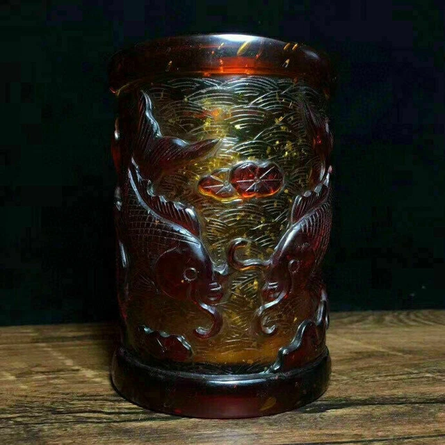 4.4" Marked Old China Colored Glaze Fish Lotus Carp Pencil Vase Brush Pot