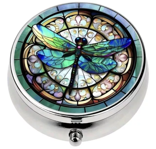 Beautiful Blue Green Dragonfly Metal 3 Compartment/ Mirror Pill Box