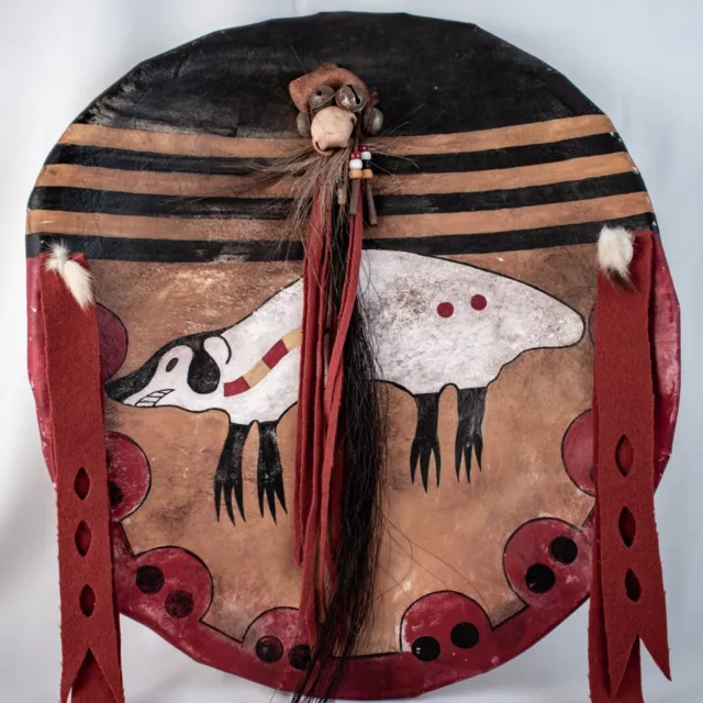 Native American Apache Genuine Deer Hide Vintage Ceremonial Shield 18.5 x 16.5
