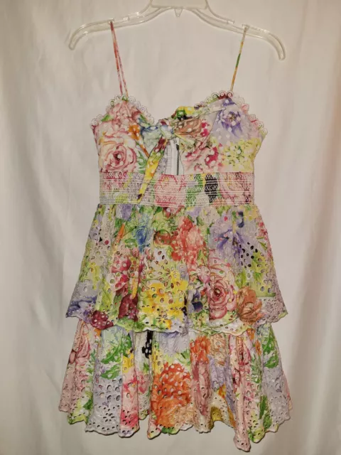 Alice + Olivia Fina Tie Front Smocked Waist Ruffle Mini Dress Size 0 NWT