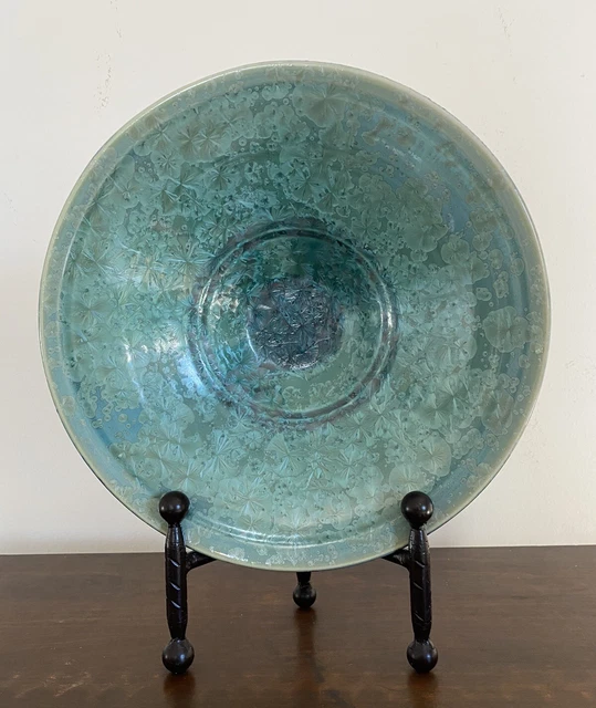 Bill Campbell Art Pottery Flambeaux Crystalline Glaze Aqua Centerpiece Bowl 11.5