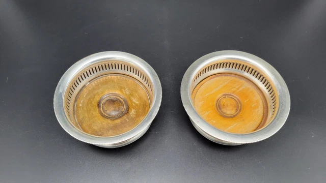 Pair of Antique SILVERPLATE & WOOD  CUP OR SMALL BOTTLE COASTERS