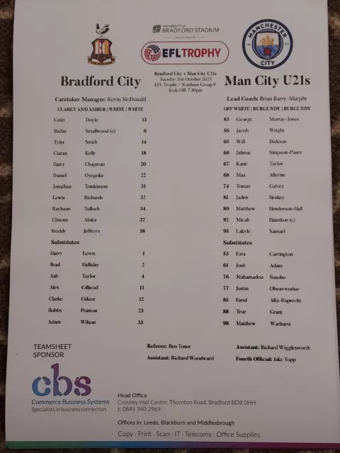 Bradford City vs Manchester City 31.10.2023. OFFICIAL PRESS A4 TEAMSHEET (RARE)